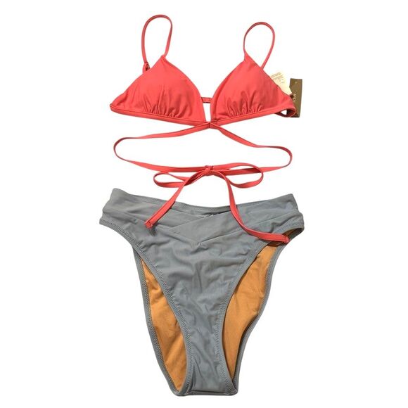J. Crew two piece swim suit bikini -Pink Top M & Blue High Rise Bikini Bottom S- - Picture 1 of 7